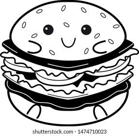 Vector cute doodle illustration burger character on white background.