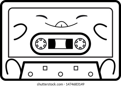 Vector cute doodle illustration of cassette character on white background.
