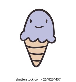 Vector cute doodle illustration of ice cream cone with smile isolated on white.