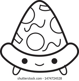 Vector cute doodle illustration of pizza character on white background.