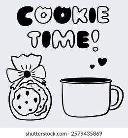 Vector cute doodle illustration with teapot, cup, lettering and cookies black line for branding, graphic design of cafe, restaurant, tea, coffee, biscuit