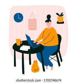 Vector cute doodle illustration with woman working home. Female character freelancer design staying home office concept sitting with her laptop and little cat in room interior. Student studying home