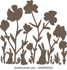 Vector cute doodle picture for Easter. A family of hares has hidden chocolate eggs in a flower garden and is listening to the sounds coming from it. Stylized silhouette of a chocolate holiday story. 