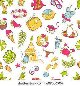 Vector cute doodle seamless summer pattern. The sea, the ocean, the sun, desserts and adventures. Cartoon style illustration. Bright colors