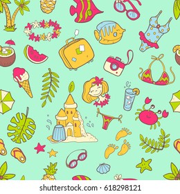 Vector cute doodle seamless summer pattern. The sea, the ocean, the sun, desserts and adventures. Cartoon style illustration. Bright colors