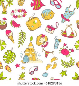 Vector cute doodle seamless summer pattern. The sea, the ocean, the sun, desserts and adventures. Cartoon style illustration. Bright colors