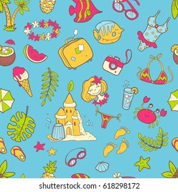 Vector cute doodle seamless summer pattern. The sea, the ocean, the sun, desserts and adventures. Cartoon style illustration. Bright colors