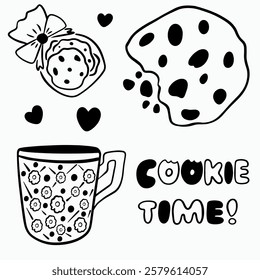 Vector cute doodle set of cookies with cup black line lettering for coffee shop logo, pastry shop, bakery, branding, print