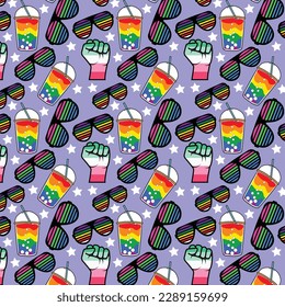 Vector Cute Doodles LGBT Seamless Pattern, Rainbow Color Goggles Background, Stars, Pride Month Texture, Gay Rights Symbol