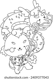 a vector of a cute dragon celebrating chinese new year in black and white coloring