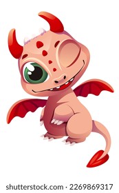 Vector cute dragon stands on its hind legs, winks at you. Cheerful dragon of beige color with red wings and horns