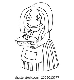 Vector cute drawing for halloween. character with pumpkin head and pumpkin pie. Coloring book