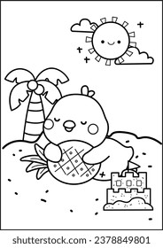 a vector of cute duck on holiday in black and white coloring