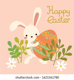Vector cute easter bunny with eggs, flowers.