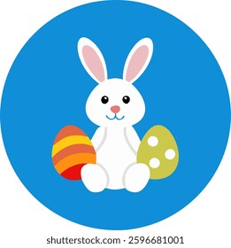 Vector cute easter bunny illustration with eggs. isolated on blue background.