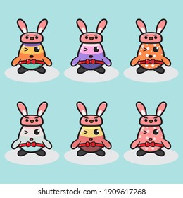 Vector cute for Easter Egg Hunt with colored eggs and hat rabbit. Vector illustration. Colorful painted easter eggs with funny bunny ears and cartoon faces.