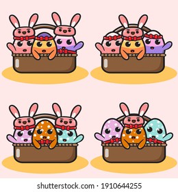 Vector Cute For Easter Egg Hunt With Colored Eggs Inside Basket. Vector Illustration. Colorful Painted Easter Eggs With Funny Bunny Ears And Cartoon Faces.