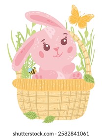 Vector cute Easter pink bunny and eggs in basket for poster, websites, card, scrapbooking, stickers