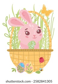 Vector cute Easter pink bunny and eggs in basket for poster, websites, card, scrapbooking, stickers isolated on white background