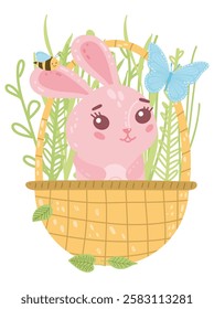 Vector cute Easter pink bunny and eggs in basket for poster, websites, card, scrapbooking, stickers isolated on white background