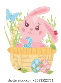 Vector cute Easter pink bunny and eggs in basket for poster, websites, card, scrapbooking, stickers isolated on white background