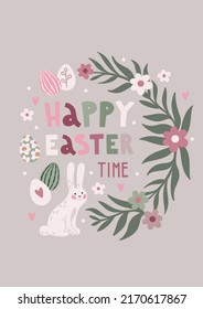Vector cute Easter poster  illustration with simple lettering, easter eggs, branches, flowers, bunny and pastel colors