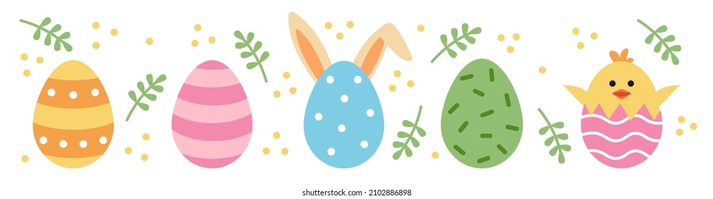Vector cute easter set. Egg with ears and chicken in egg. Cute eggs.