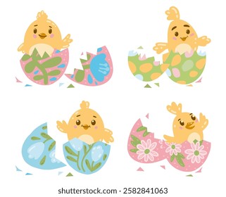 Vector cute Easter set of yellow chickens in a shell for poster, websites, card, scrapbooking, stickers isolated on white background