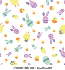 Vector cute egg bunnies with lovely yellow chics seamless pattern background on white surface