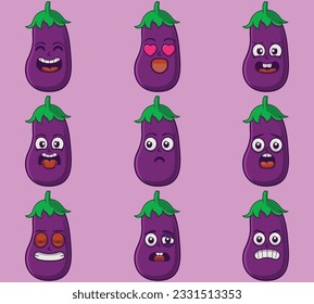 Conjunto de expresiones emoticonas de eggplant lindo vector