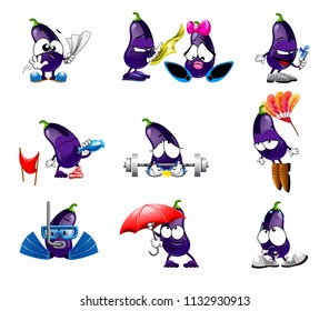 vector cute eggplant smile characters funny smiles emotions sport set of smiles