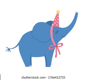 Vector cute elephant in birthday hat. Funny b-day animal for card, poster, print design. Bright holiday illustration for kids. Cheerful celebration character icon isolated on white background