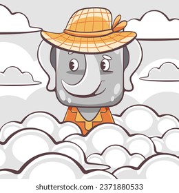 Vector cute elephant in the clouds in cartoon style.
