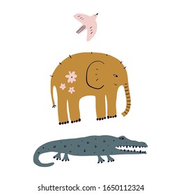 Vector cute elephant, crocodile and bird friendship concept. Wild safari African animals. Funny cartoon doodle characters in scandinavian style. Kids nursery art print
