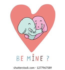 Vector cute elephant hug heart with be mine text. Hand drawn illustration motif. 2 wild zoo animals hugging inside love heart for romantic valentines day, wedding or kawaii proposal clipart.
