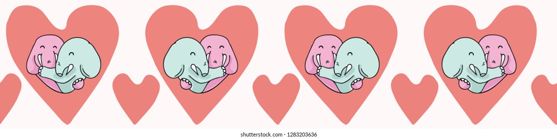 Vector cute elephant hug hearts. Seamless repeat border. Hand drawn 2 cartoon animals hugging inside love heart for romantic valentines day, wedding or zoo conservation banner. Free hug concept.
