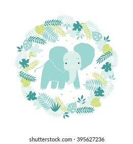 Vector cute elephant illustration in a tropical leaves wreath