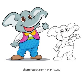 Vector of cute elephant  mascot  cartoon color and coloring outline