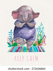 Vector Cute elephant practicing yoga in tree pose, meditation in the morning. Keep calm, relax. Watercolor painting