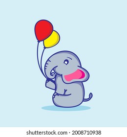 vector cute elephant sitting, cute elephant holding 2 balloons