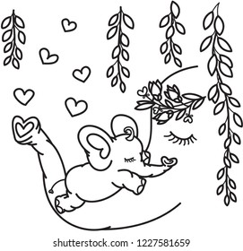 Vector cute  elephants,  mother and baby, black silhouette  isolated on white for coloring.