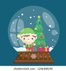 a vector of a cute elf in a snow globe