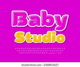 Vector cute Emblem Baby Studio. Pink Glossy Font. Bright Kids Alphabet Letters and Numbers set