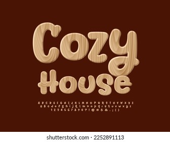 Vector cute emblem Cozy House with wooden texture Font. Natural pattern Alphabet Letters, Numbers and Symbols set