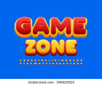 Zona de juego con emblema vectorial lindo con letras y números luminosos. Fuente para niños