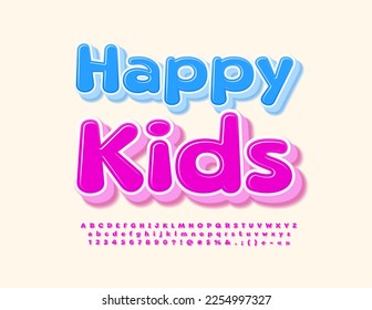 Vector lindo Emblem Niños felices. Fuente 3D rosa brillante. Letras, números y símbolos de alfabetos creativos