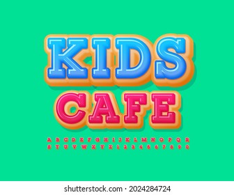 Vector cute emblem Kids Cafe. Bright delicious Font. Pink Donut Alphabet Letters and Numbers set