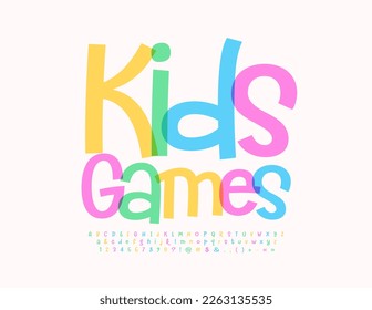 Vector cute Emblem Kids Cames. Creative Watercolor Font. Handwritten Alphabet Letters, Numbers and Symbols