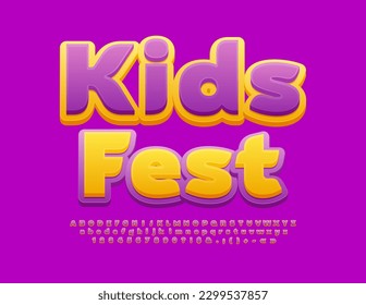 Vector cute Emblem Kids Fest. Bright colorful Font. Creative Alphabet Letters and Numbers set