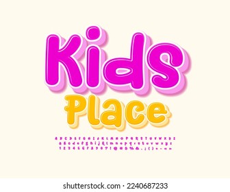 Vector cute emblem Kids Place. Pink handwritten 3D Font. Playful Alphabet Letters, Numbers and Symbols